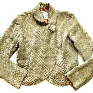 House of Moye Women's Jacket Size M Green Embossed Pattern, Chunky Button